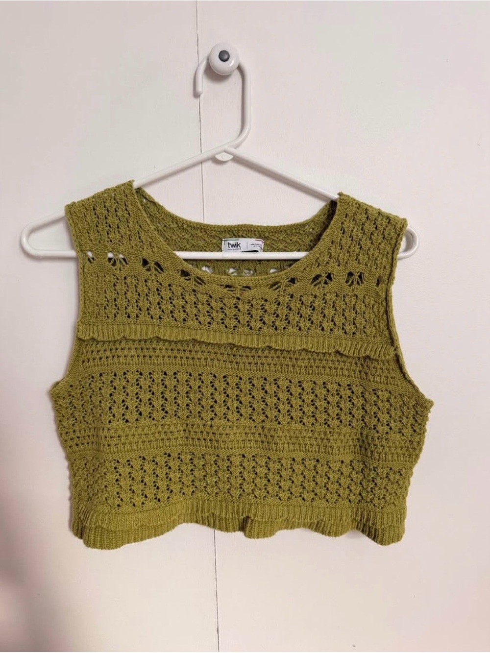 Simons TWIK Olive Crochet Knit Crop Top